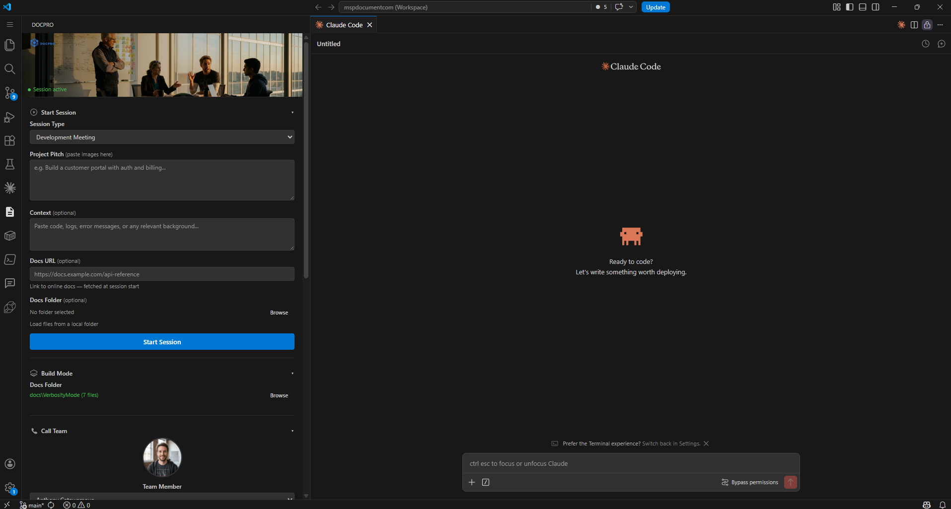 DocPro active session in VS Code